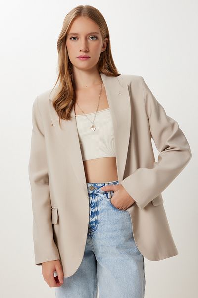 Happiness İstanbul Damen-Blazerjacke mit Steinfutter und Schalkragen KT00022