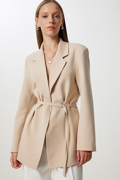 Happiness İstanbul Women's Dark Cream Padded Belted Blazer Woven Jacket Kt00023