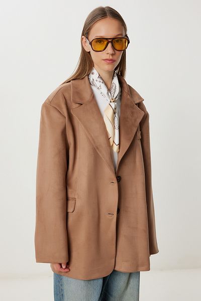 Happiness İstanbul Damen Camel Oversize Premium Wildlederjacke KT00016