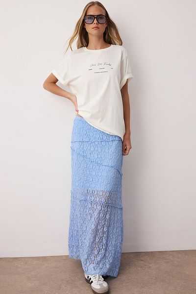Trendyol Collection Fusta maxi albastru deschis A Line cu căptușeală din dantelă TWOSS25ET00211