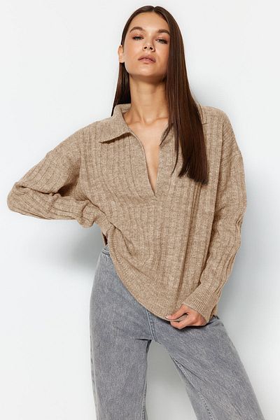 Trendyol Collection Плетено яке с поло яка от норка с мека текстура TWOAW24KZ00678