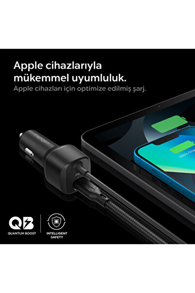 Spigen 47W USB-C 2 Port Araç içi Hızlı Şarj Aleti + Lightning Şarj Kablo Güç Adaptörü Çakmaklık - ACP04205