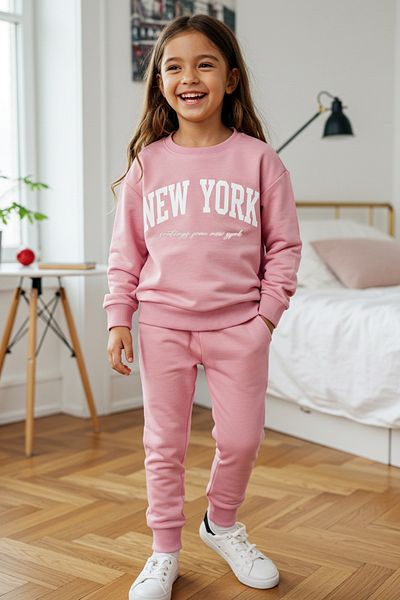 TRENDYOLKIDS Жіночий рожевий сезонний костюм тонкий гасло з принтом бавовна Orme TKDAW25AU00038