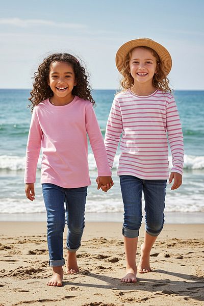 TRENDYOLKIDS Rosa gestreift-Rosa gerade 2er-Pack Mädchen-Baumwoll-Strick-T-Shirts TKDAW25TS00000