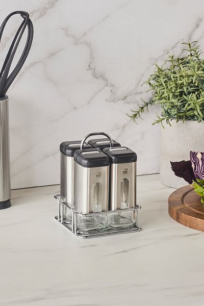 Karaca Shinex Inox 4 Piece Glass Spice Set with Stand 100 ml