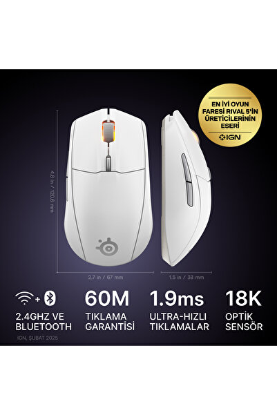 SteelSeries Rival 3 Wireless Gen 2 Gaming Mouse - 2.4ghz Ve Bluetooth Bağlantı - Beyaz