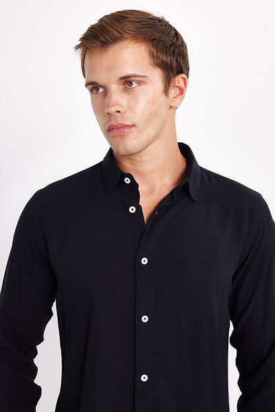 Tudors Slim Fit Long Sleeve Slim Fit Flowing Viscose Stylish Men's Black Shirt