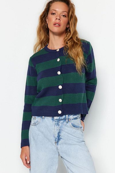 Trendyol Collection Темно-синій смугастий светр-кардиган з ефектом піджака TWOAW24HI00091