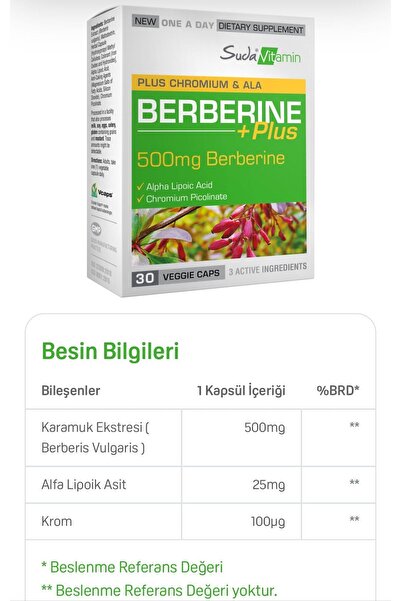 Suda Vitamin Berberine Plus Karamuk Ekstresi, Alfa Lipoik Asit ve Krom İçeren Takviye, 30 Bitkisel Kapsül