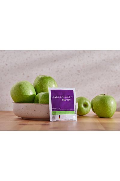 Suda Collagen Fxone Type I,II,III Fortigel,Tendoforte مع الكولاجين، صحة المفاصل والعظام والأنسجة الوعائية، مع التفاح 13gx30 كيس