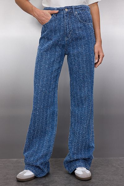Trendyol Collection Μπλε υφή ψηλόμεσο φαρδύ τζιν TWOSS25JE00043