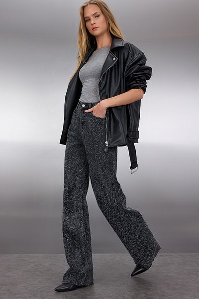 Trendyol Collection Blugi negri cu talie înaltă cu picior lat TWOSS25JE00149