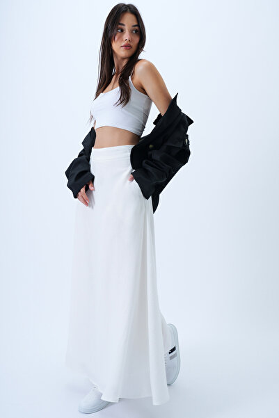 Trend Alaçatı Stili Női fehér bélelt dupla zsebes rejtett cipzáras szőtt kiszélesedő szoknya ALC-X14327