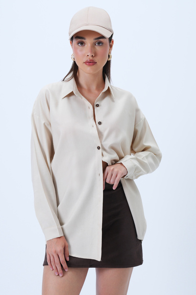 Trend Alaçatı Stili Kadın Bej Oversize Dokuma Gömlek ALC-X14283