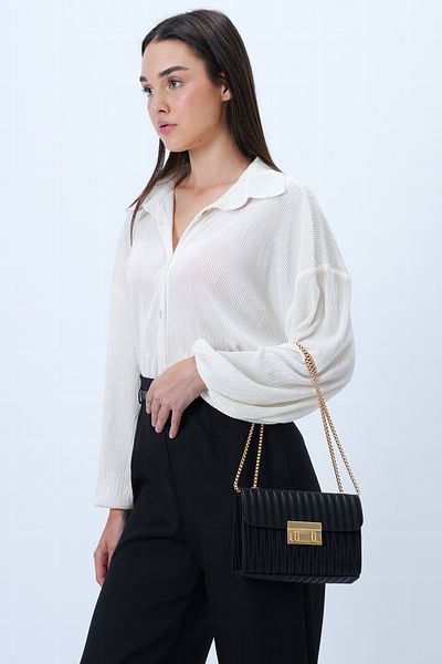 Trend Alaçatı Stili Schwarze Damen-Umhängetasche mit Metallkordel und Schnallenverschluss ALC-X14356