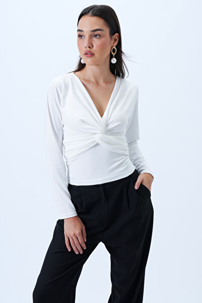Trend Alaçatı Stili Women's White V-Neck Twist Detailed Lycra Knitted Blouse Alc-X14299