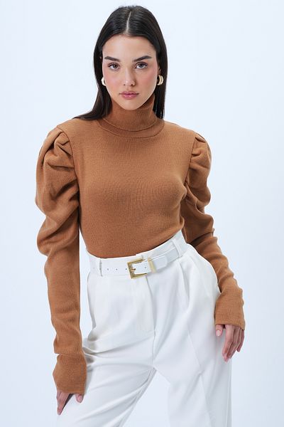 Trend Alaçatı Stili Women's Cinnamon Brown Turtleneck Princess Sleeve Sweater Sweater Alc-X14291