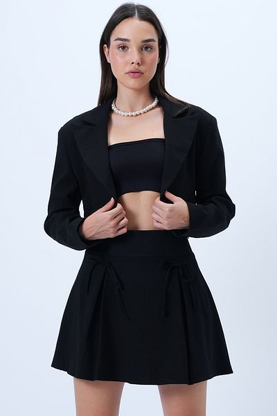 Trend Alaçatı Stili Women's Black Bow Detailed Pleated Hidden Zipper Woven Shorts Skirt Alc-X14328