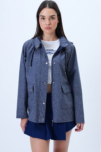 Trend Alaçatı Stili Women's Navy Blue Zipper and Snap Closure Hooded Double Pocket Jacket Alc-X14308