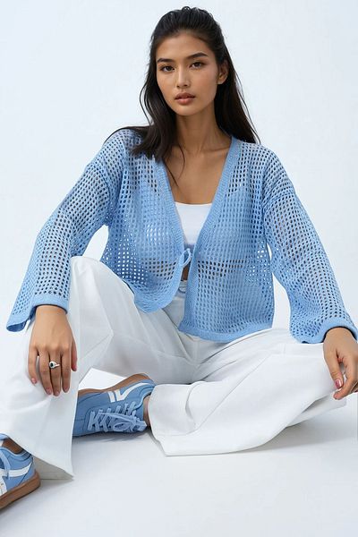 Trend Alaçatı Stili Women's Baby Blue Openwork Lacing Detailed Seasonal Crop Knitwear Cardigan Alc-X14320
