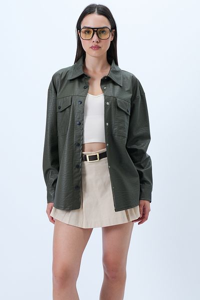 Trend Alaçatı Stili Women's Khaki Double Pocket Snap Closure Hooded Faux Leather Oversize Shirt Jacket Alc-X14312