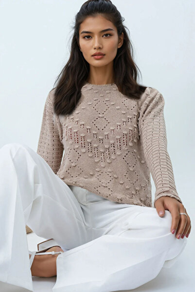 Trend Alaçatı Stili Γυναικεία μπεζ μπλούζα πλεκτή με ανάγλυφο μοτίβο εποχιακής πλεκτής ALC-X14329