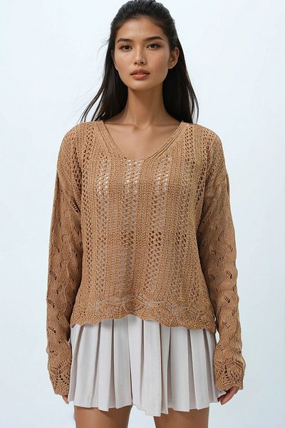 Trend Alaçatı Stili Women's Cinnamon Brown V-Neck Openwork Seasonal Knitwear Blouse Alc-X14331