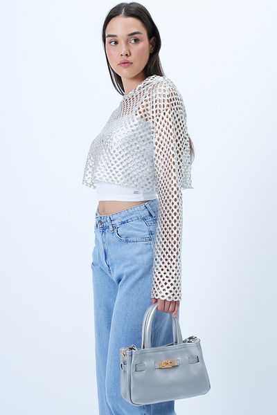 Trend Alaçatı Stili Graue Damen-Hand- und Umhängetasche mit abnehmbarem Riemen und Schnallendetail ALC-X14353