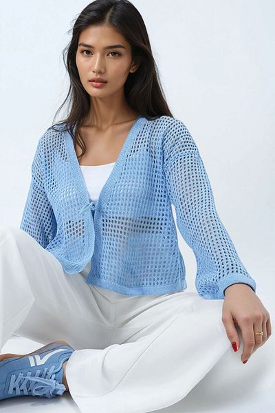 Trend Alaçatı Stili Women's Baby Blue Openwork Lacing Detailed Seasonal Crop Knitwear Cardigan Alc-X14320