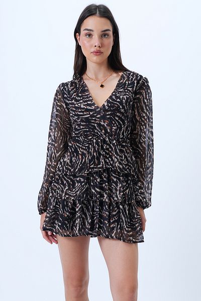Trend Alaçatı Stili Women's Black-Beige V-Neck Lined Layered Flounce Chiffon Mini Dress Alc-X14301