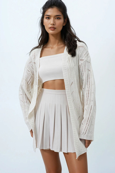 Trend Alaçatı Stili Kadın Vanilya V Yaka Kendinden Motifli Uzun Triko Hırka ALC-X14318