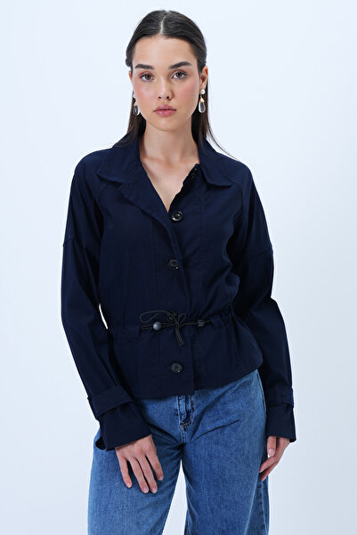 Trend Alaçatı Stili Women's Navy Blue Shirt Collar Waist Gathered Button Closure Gabardine Jacket Alc-X14309