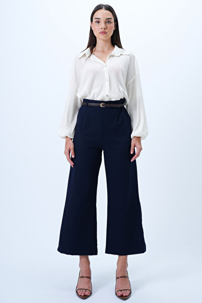 Trend Alaçatı Stili Women's Navy Blue Belt Detailed Hidden Zipper Pencil Woven Trousers Alc-X14323
