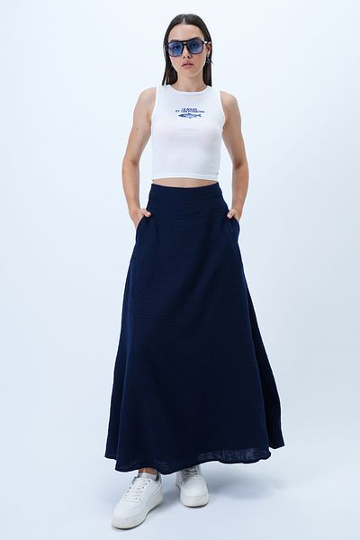 Trend Alaçatı Stili Women's Navy Blue Lined Double Pocket Hidden Zipper Woven Flared Skirt Alc-X14327