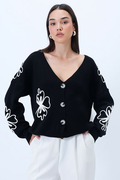 Trend Alaçatı Stili Γυναικεία Μαύρη Ζακέτα Χειμερινής Πλεκτής Κέντημα με κορδόνι V λαιμόκοψης ALC-X14292