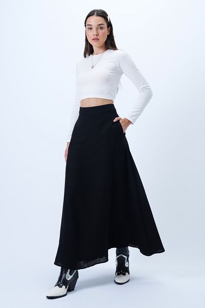 Trend Alaçatı Stili Women's Black Lined Double Pocket Hidden Zipper Woven Flared Skirt Alc-X14327