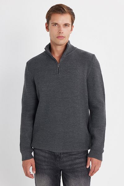 Tudors Men's Slim Fit Slim Fit Zippered Gray Stand Collar Knitwear Sweater