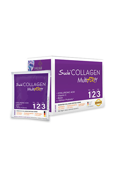 Suda Collagen Multiform Toz Saşe Aromasız-Tip I-II-III Kolajen+Probiyotik, Hyaluronik Asit, C Vit, Biotin | 10gx30