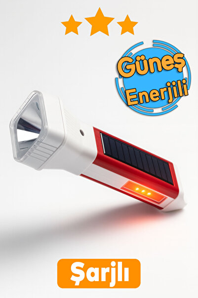 Badem10 USB Şarjlı - Güneş Enerjili El Feneri Kamp Lambası 5 Işık Modlu Beyaz...