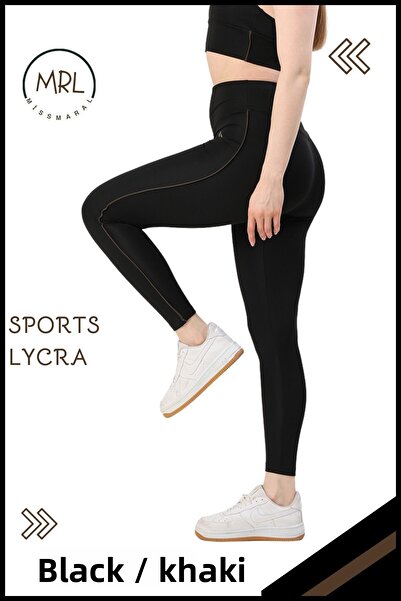 missmaral Women's High Waist Recovery Sports Tights Black / Khaki Stripe Detailed Lycra Diver 1041