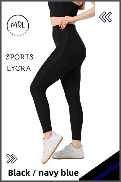 missmaral Women's High Waist Recovery Sports Tights Black / Navy Blue Stripe Detailed Lycra Diver 1041