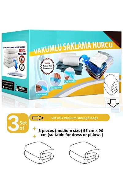 Vakum Hurcu (3 قطع) طقم اكياس مفرغة 55 سم × 90 سم (حجم متوسط) وسادة، كيس مفرغ...
