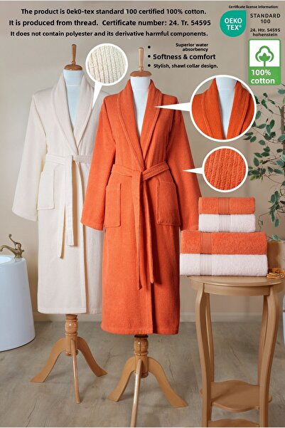 Ellaline 6 Piece Striped Bathrobe Set 100% Cotton Certified Family Towel Bathrobe Set Dowry Set Orange Cream