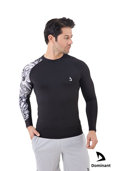 DOMİN SPOR Черна, с един ръкав, бяла, с шарка, компресионна, за фитнес, боди, спортна тениска