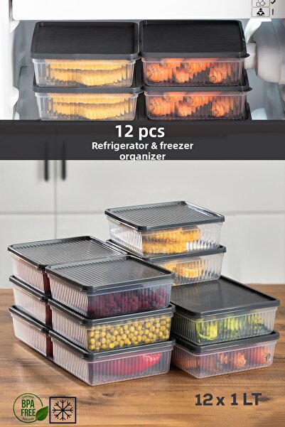 Porsima 1180 12-Piece Anthracite Refrigerator Organizer - Microwave and Freezer Freezer Storage Container