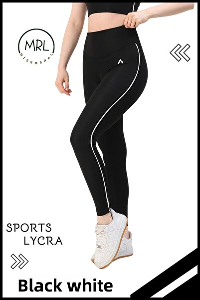 missmaral Women's High Waist Recovery Sports Tights Black / White Stripe Detailed Lycra Diver 1041