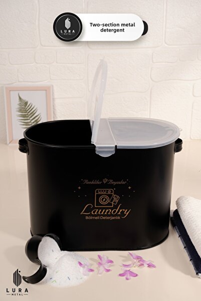 Lura Metal Кутия за баня с 2 отделения, метален, черен, пластмасов, капак, ор...