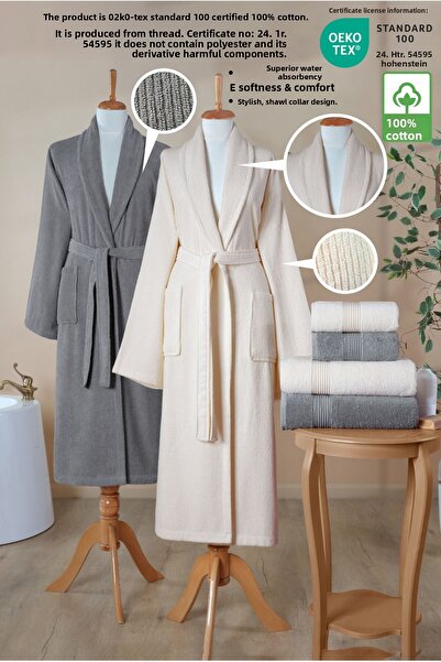 Ellaline Σετ μπουρνούζι 6 τεμαχίων ριγέ 100% βαμβάκι Πιστοποιημένο οικογενειακό σετ μπουρνούζι πετσετών Σετ προίκας Γκρι - Κρέμα