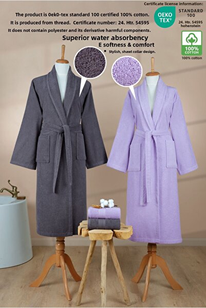 Ellaline Σετ μπουρνούζι 4 τεμαχίων 100% βαμβάκι με πιστοποίηση, Σετ οικογενειακό μπουρνούζι Shalyaka Anthracite - Lilac