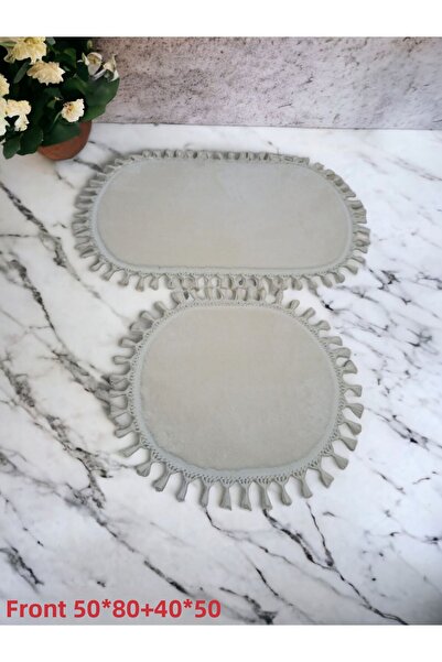 Altun 2-Piece 3-Piece Cream Modern Simirna Decorative Plush Oval Pompom Fringed Toilet Seat 50*80 40*50